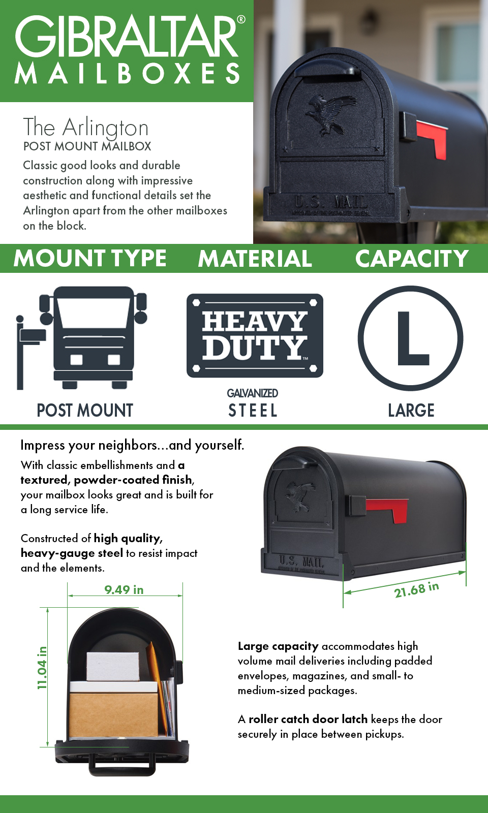 Gibraltar Mailboxes Arlington Premium Steel PostMount Mailbox, Black